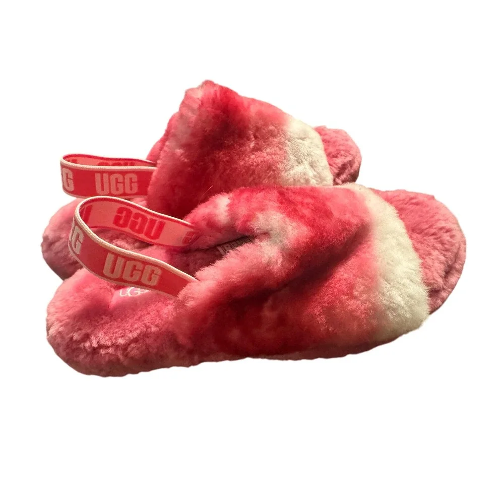 UGG Kids Pink White Tie‎ Dye Fluffy Furry Slides Slippers Sandals Size 4